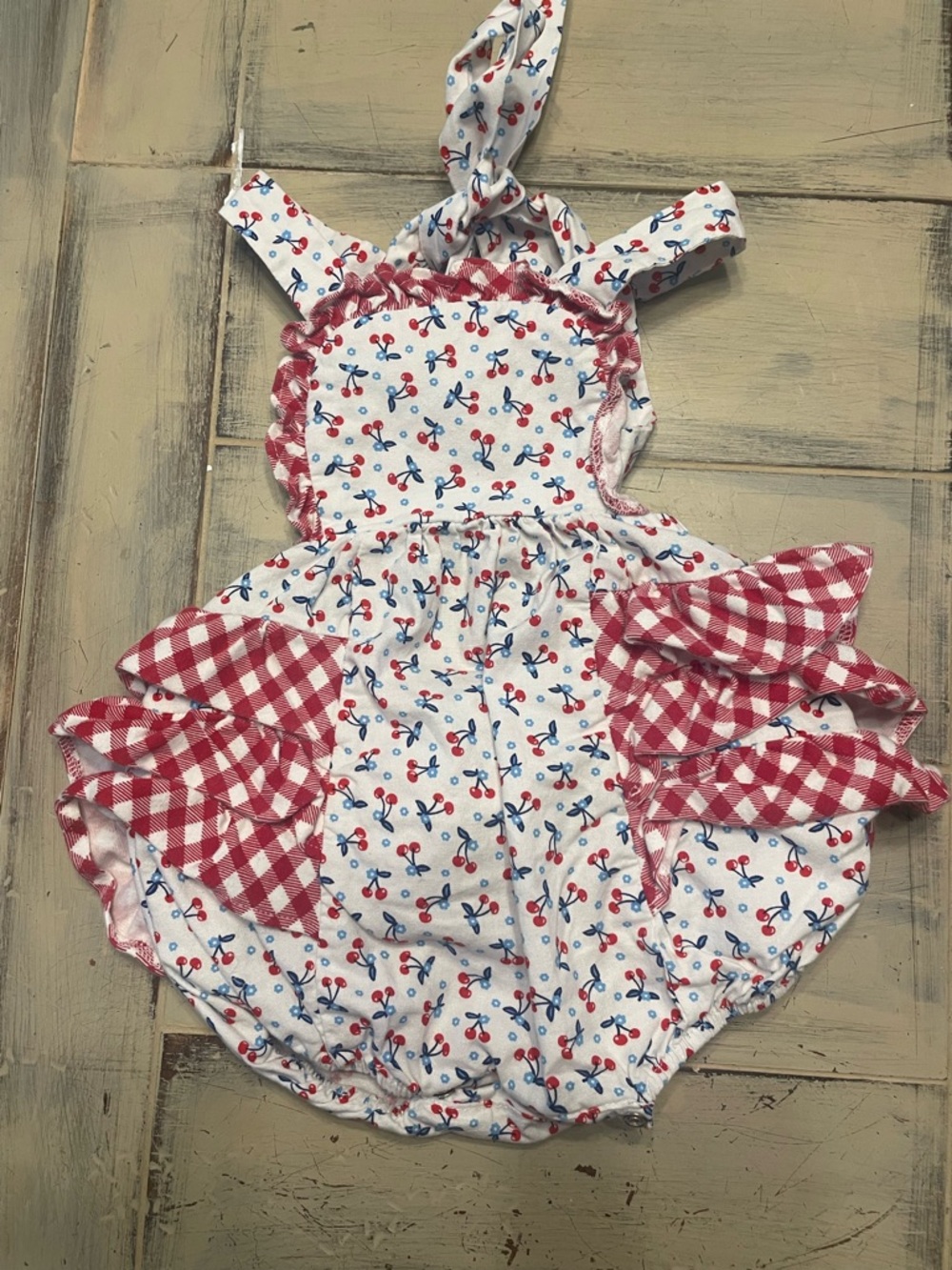 White Cherry-Print Ruffle Bubble Romper with Red Gingham Accents
